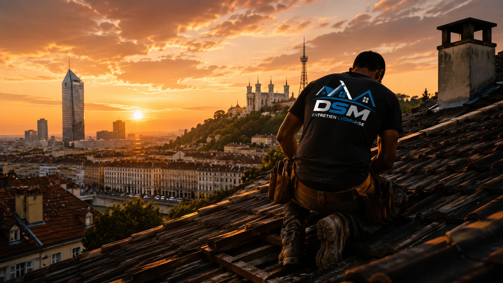 Artisan DSM Rénovation travaillant sur une toiture à Lyon